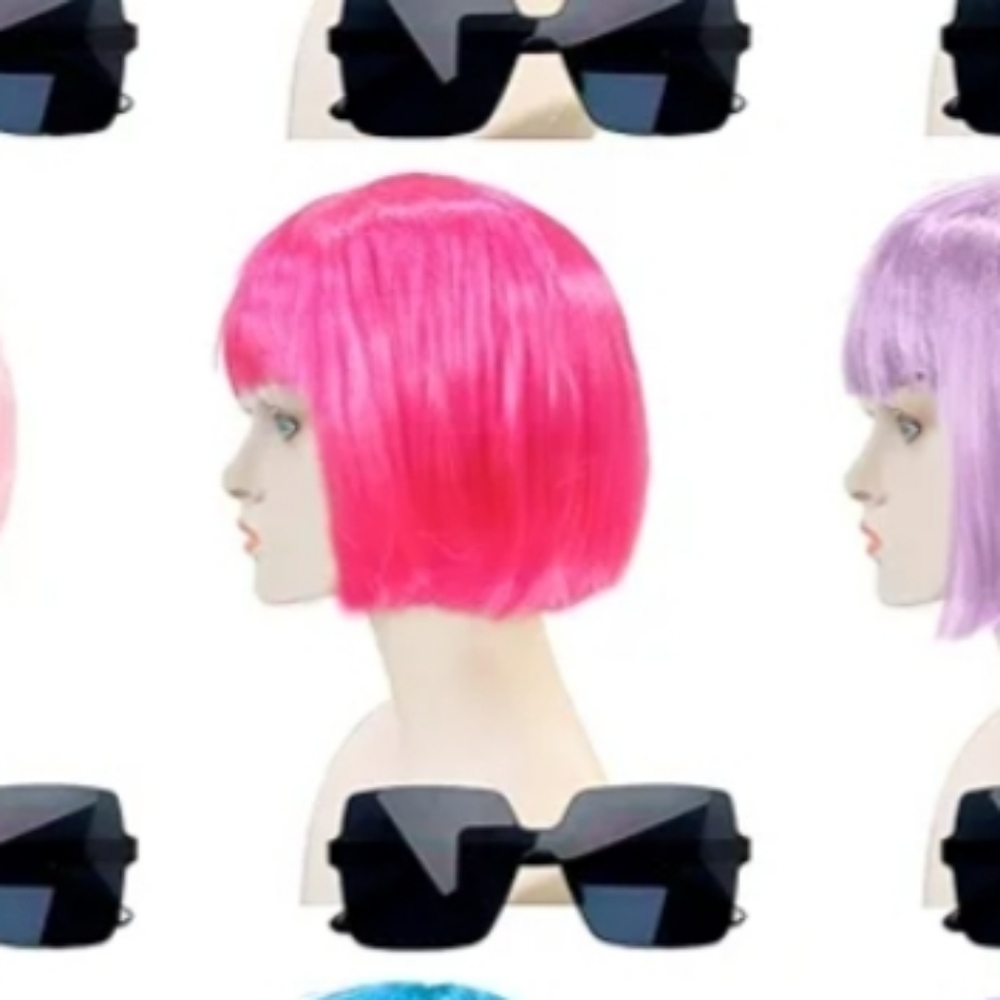 Neon Pink Bob Wig With Sunglasses